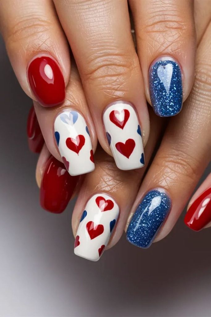 Patriotic heart accent cute nails.