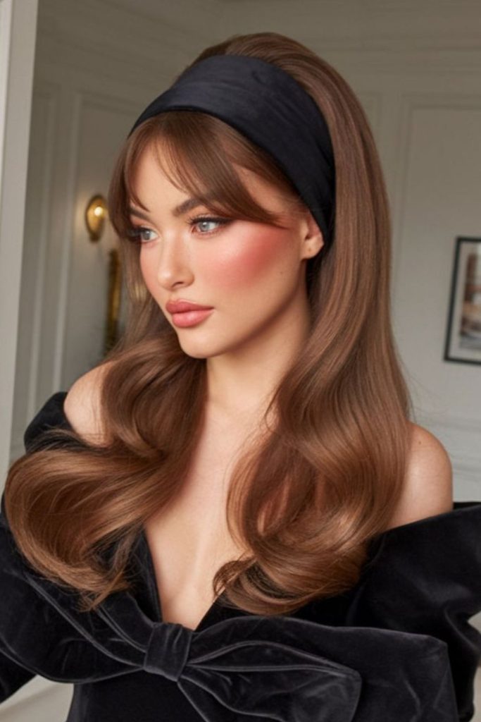 Voluminous ponytail with thick headband.