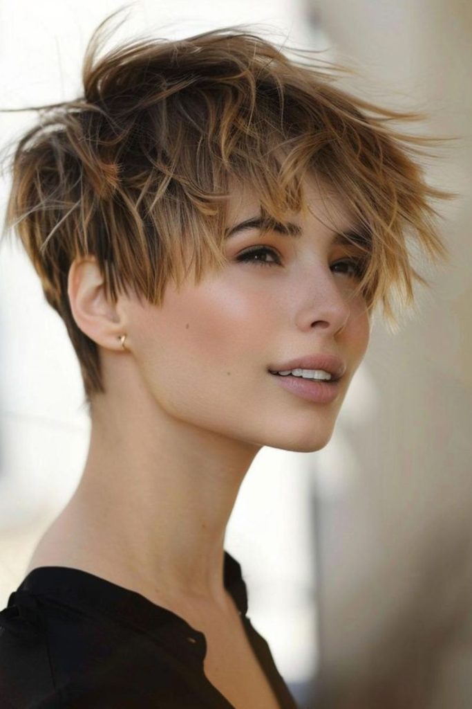 Fringe crop hairstyle with textured layers.