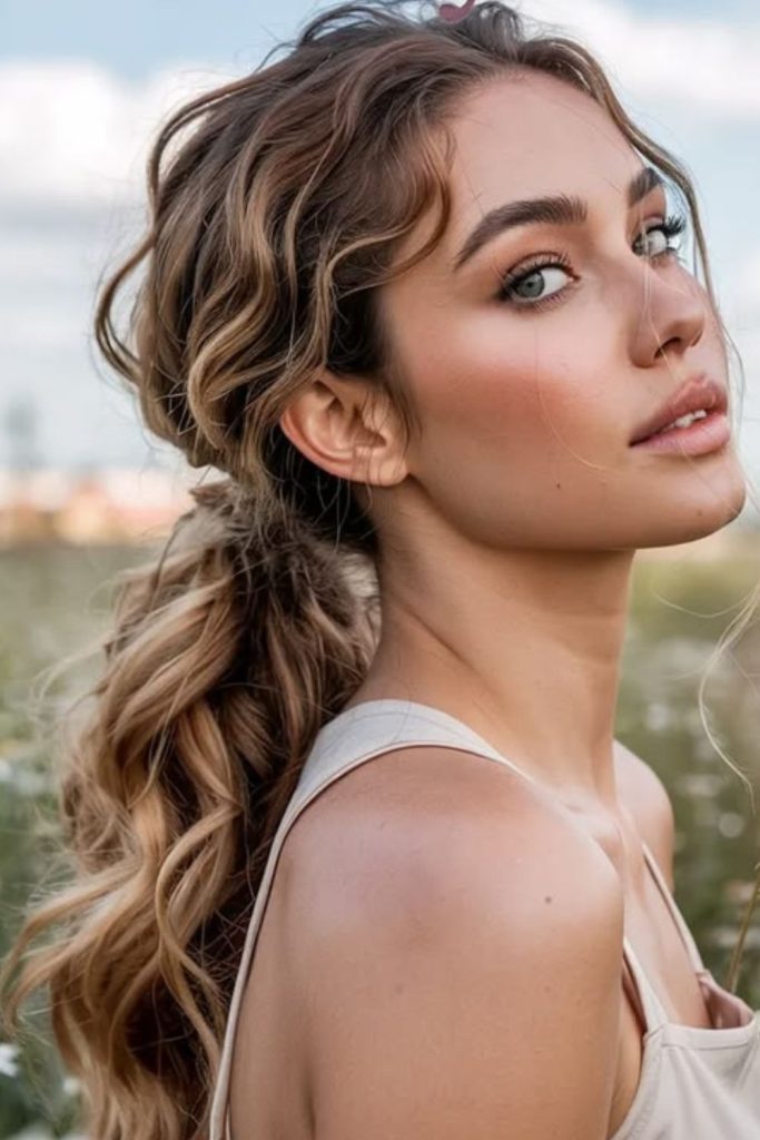 Looped ponytail with casual camp style.