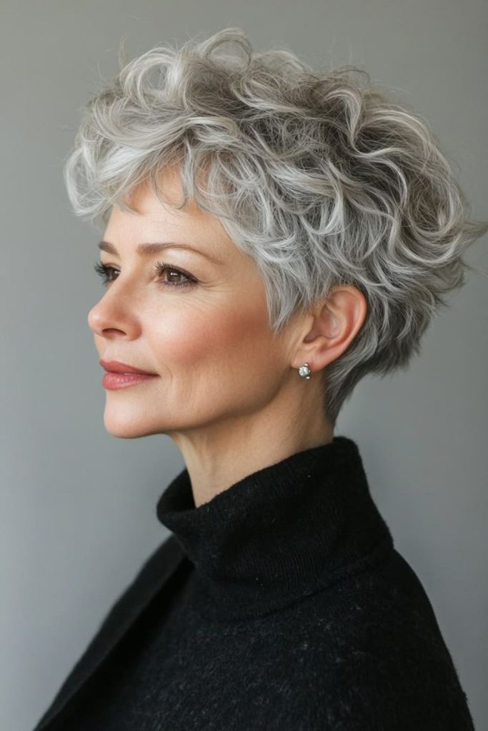Voluminous silver ringlets with crown lift.