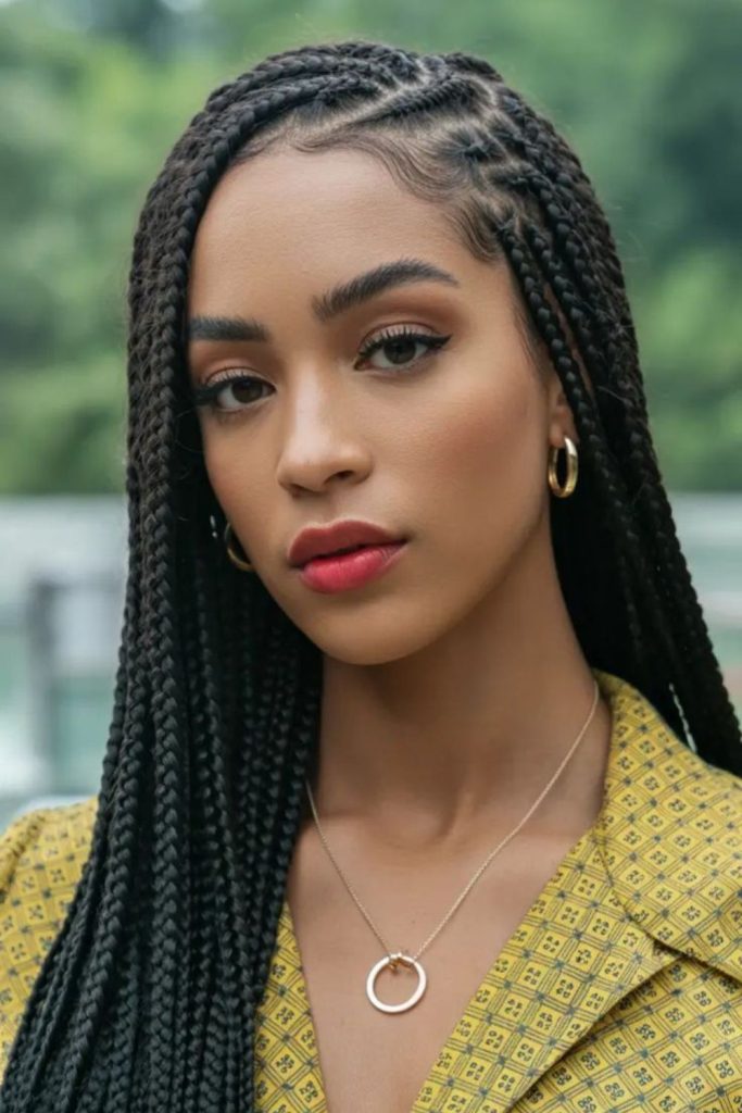Dark flowing Fulani braids with silver night river shine
