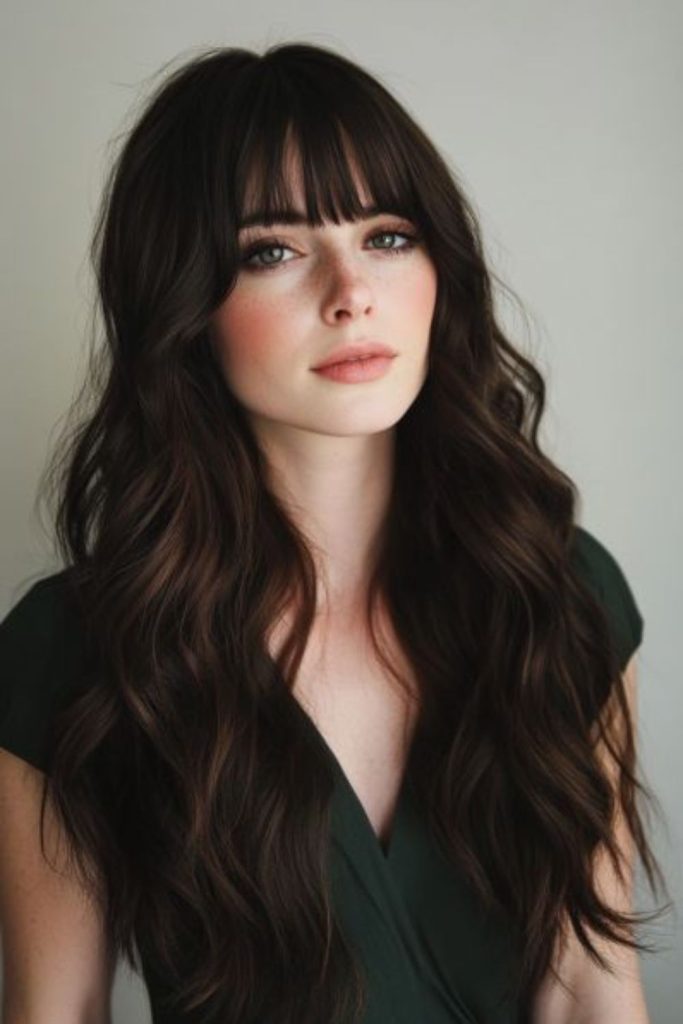 Midnight velvet layers and full bangs.