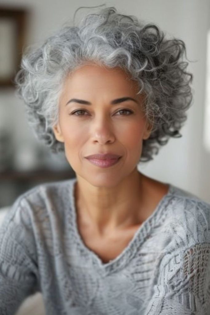Misty coil puff rounded afro soft gray texture