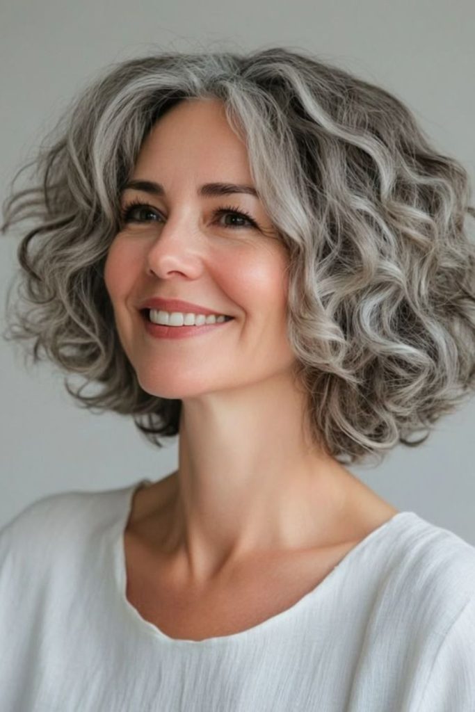 Misty gray curly bob style.