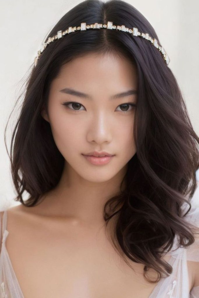 Monochrome headband with sleek straight hairstyle.