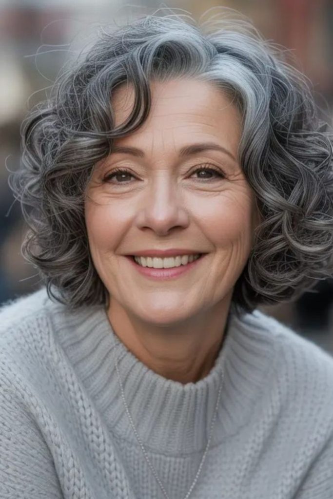 Moonbeam gray curly bob hairstyle.