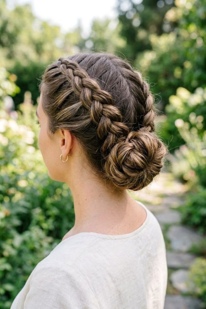 Braided crown bun evening camp hairstyle.