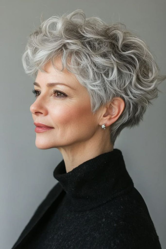 Short gray pixie with spiral curls.