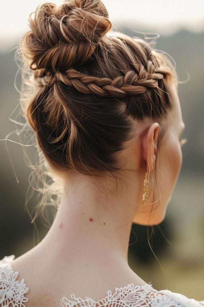 Braided bun with camp ready style.