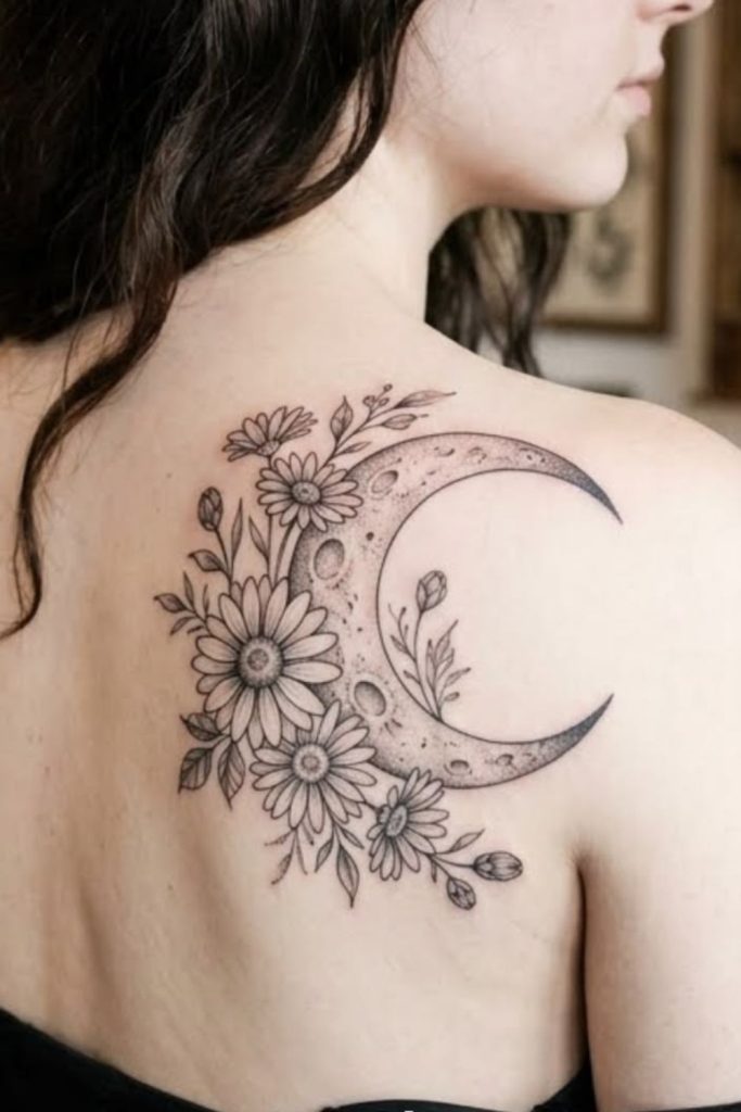 Crescent floral mystic moon garden tattoo