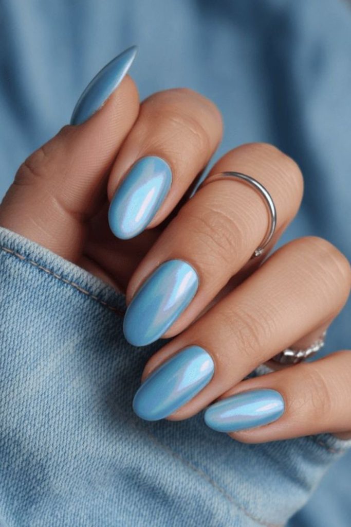 Ocean glass chrome aqua reflective nails