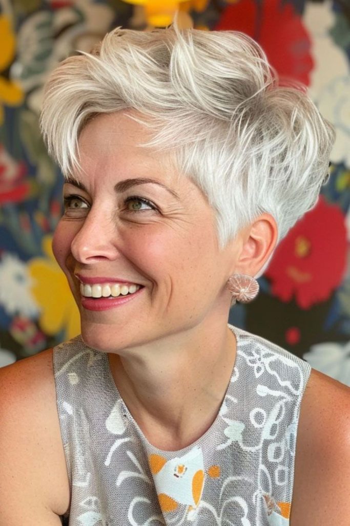Side swept pixie with volume.