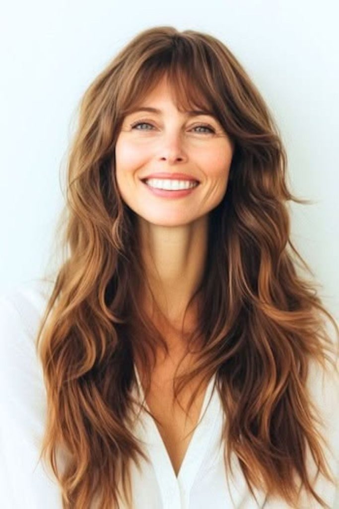 Orchid inspired layers with feathered bangs.