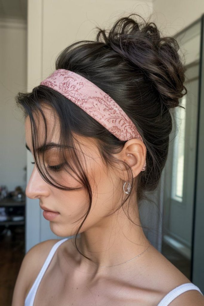 Orchid headband with soft elegant updo.
