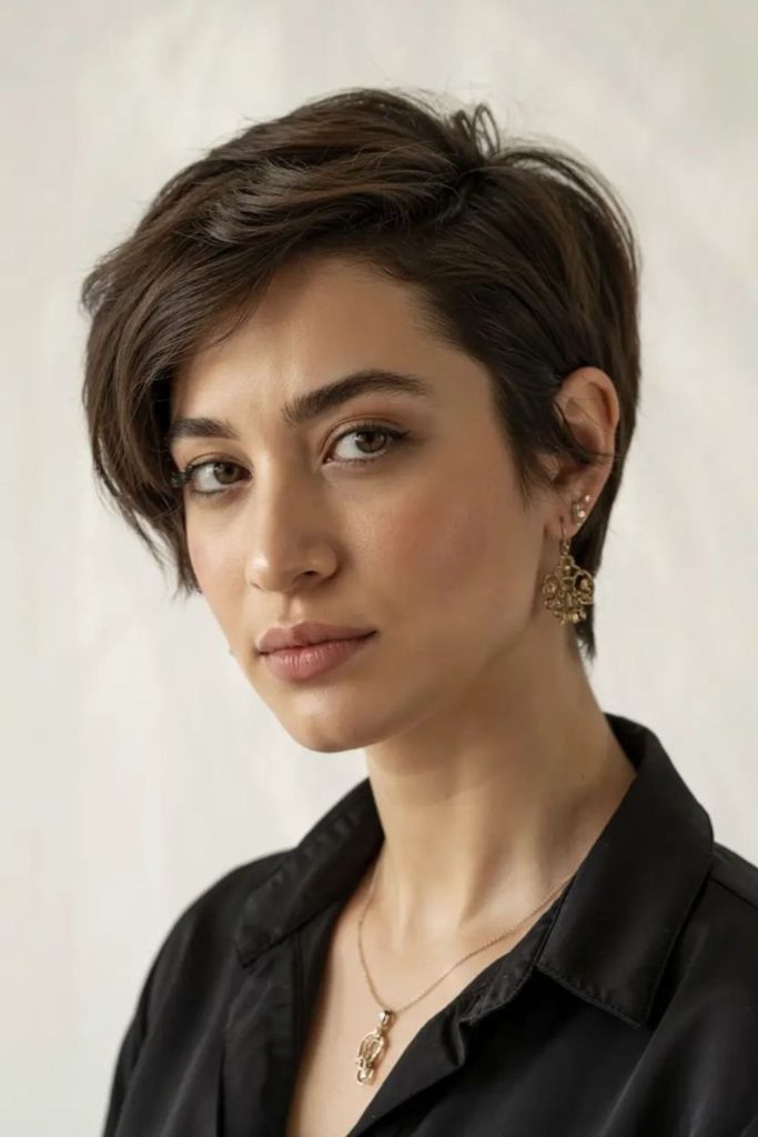 Sweeping pixie hairstyle with dramatic fringe.