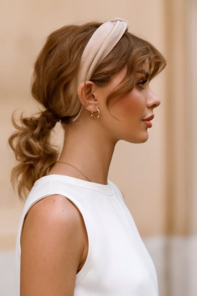 Parisian side-swept hairstyle with headband.