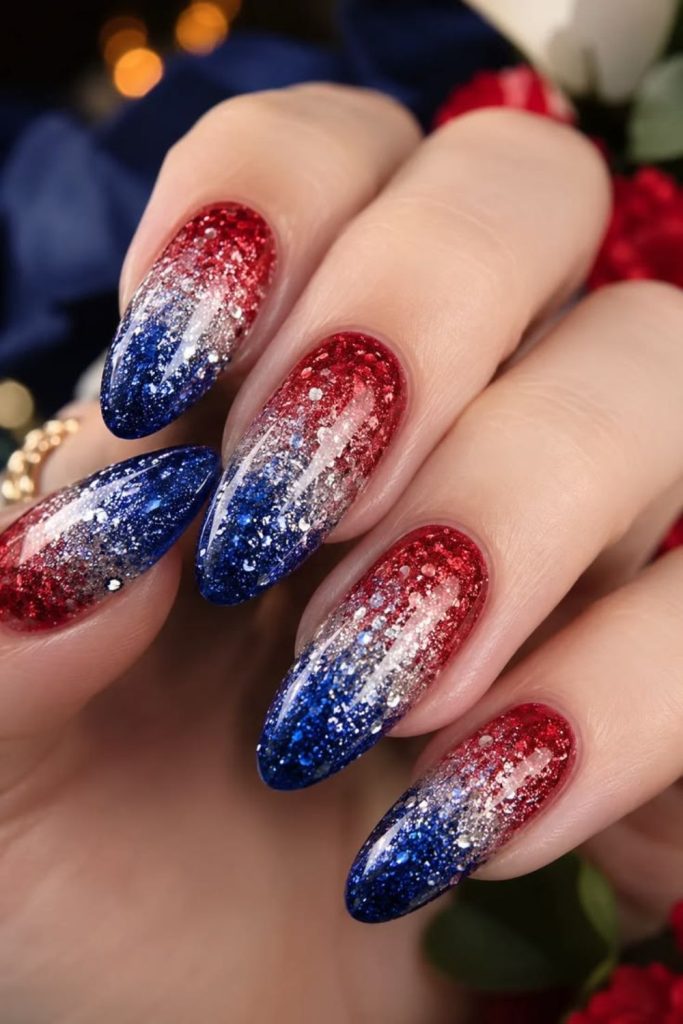 Patriotic glitter cascade sparkling nails.