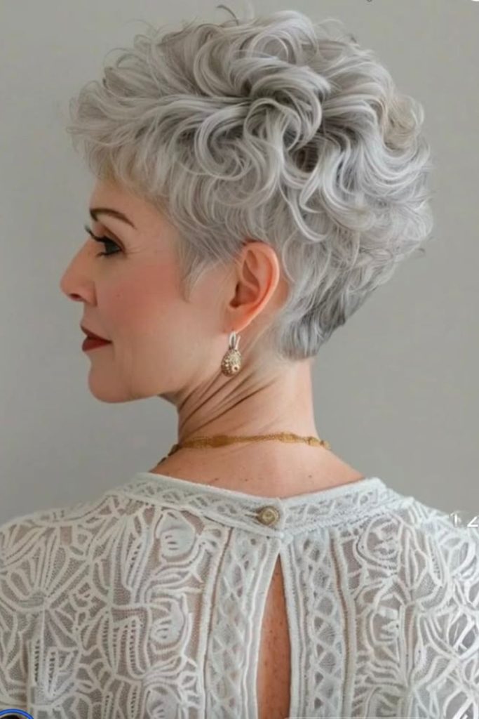 Pearl frost cropped curly hairstyle.