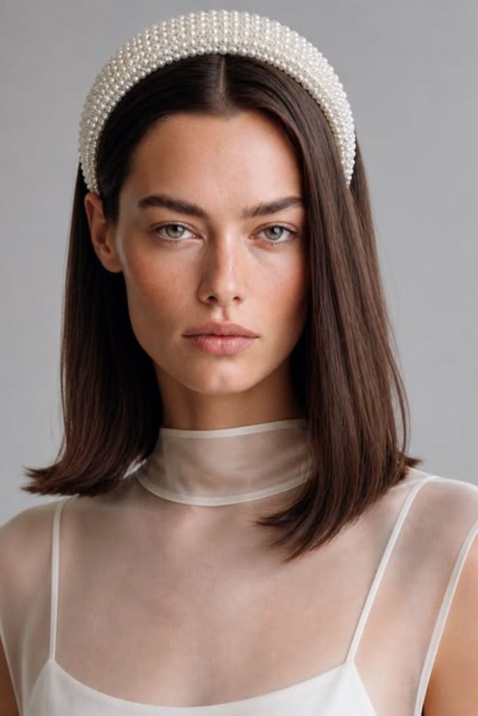 Pearl headband with swept hairstyle.