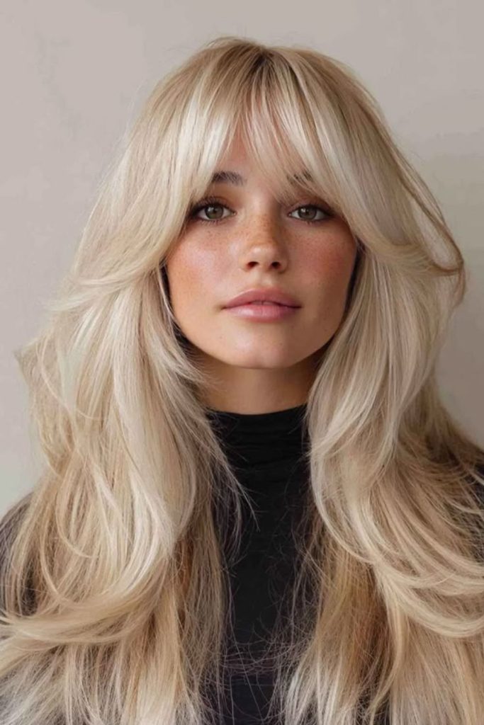 Pearl glow layers and curtain bangs.