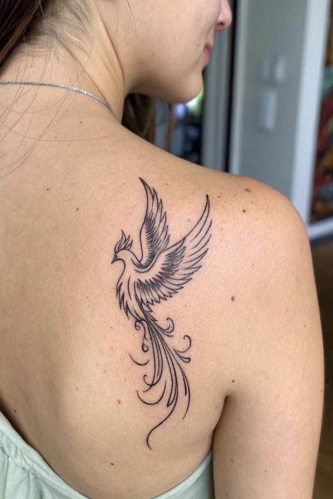 Phoenix rebirth minimalist feminine tattoo style