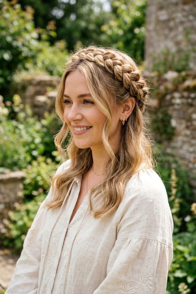 Pine trail crown braid camping hairstyle.