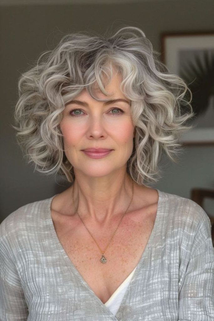 Platinum gray bouncy curly bob.
