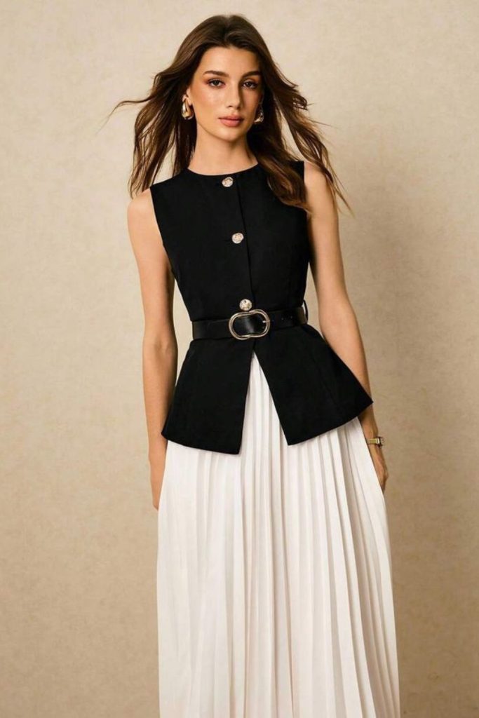 Sleeveless blazer with pleated skirt style