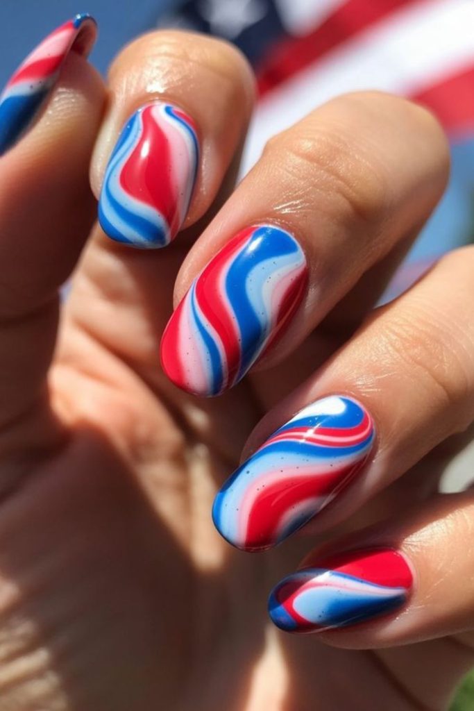 Red white blue marble nails.