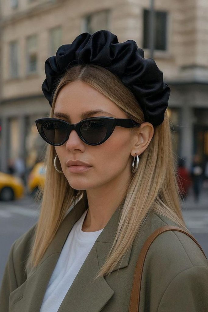 High-volume hairstyle with statement headband.