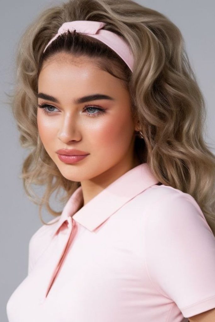 Retro lifted hairstyle with thick band.