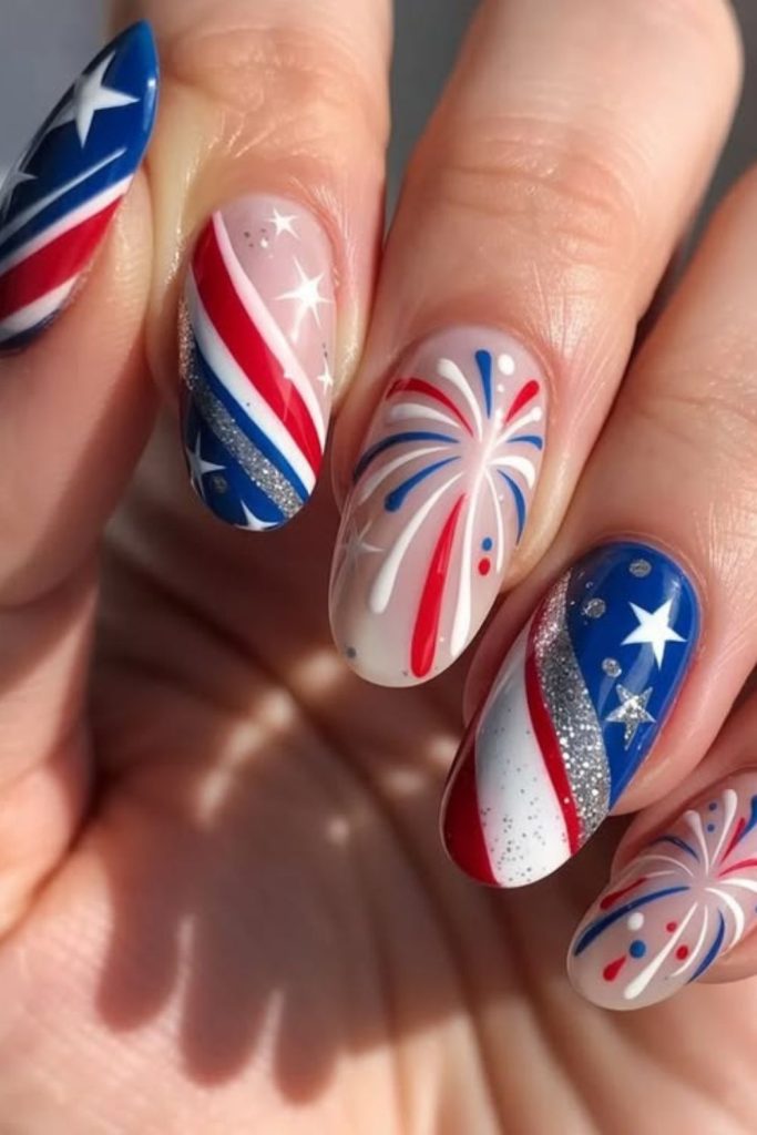 Patriotic ribbon dance nail art.