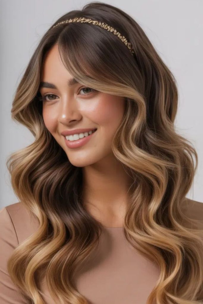 Rose gold headband with cascading curls.