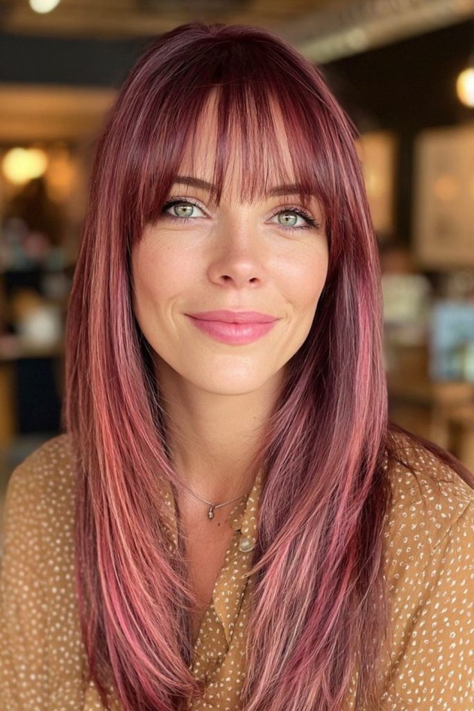 Rose gold whisper layered fringe hair