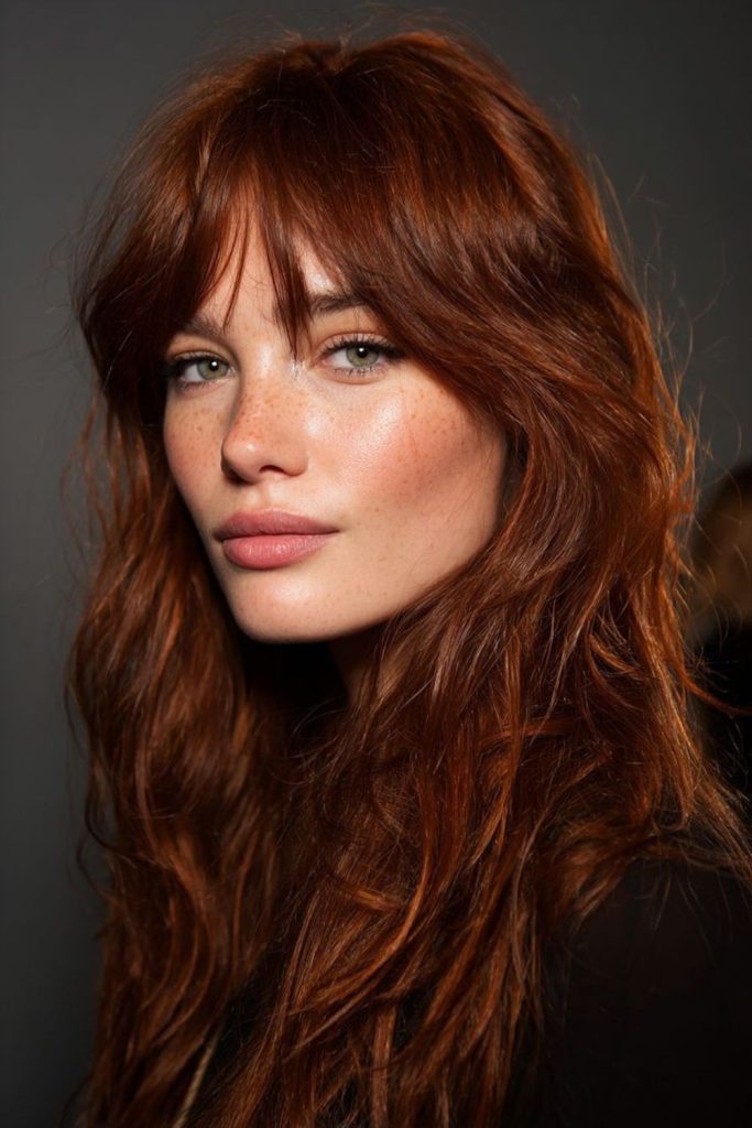 Rosewood layers with feathered front bangs.
