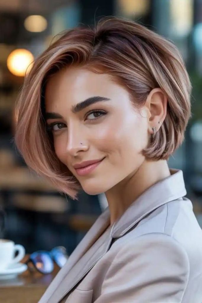 Sculpted bob hairstyle with precise edges.