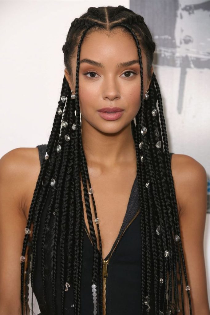 Bold Fulani braids with colorful desert beadstorm design