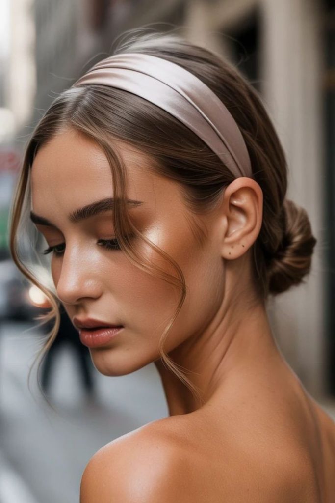 Satin headband with elegant low bun.