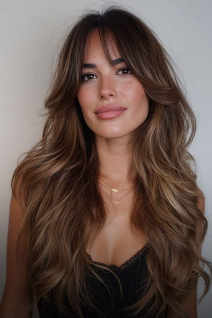 Silky long layers with delicate bangs.