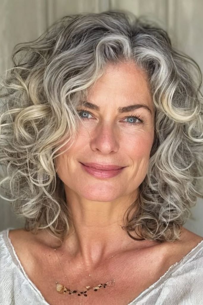 Rounded shag haircut with silver curls.