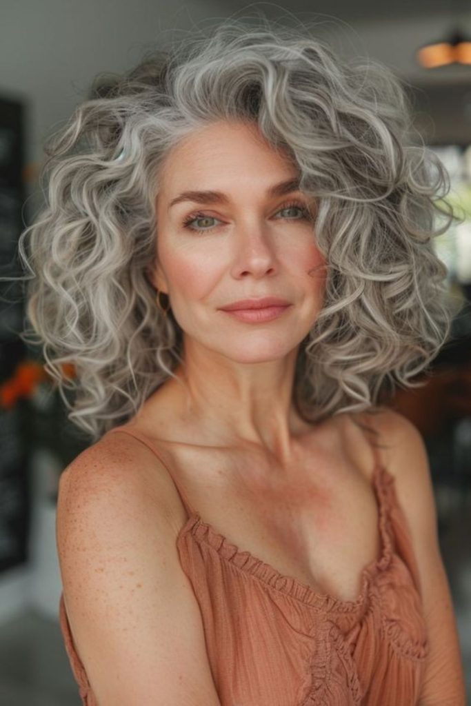Silver cloud halo soft gray curls framing face gently