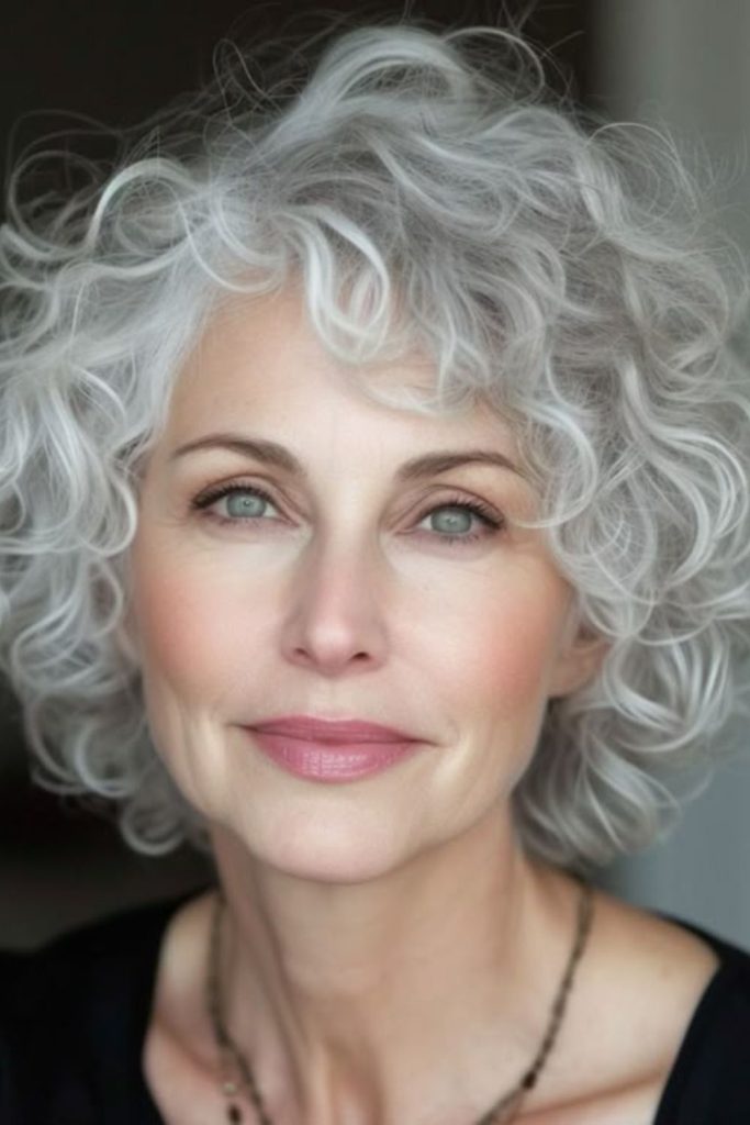 Soft silver curly crop with volume.