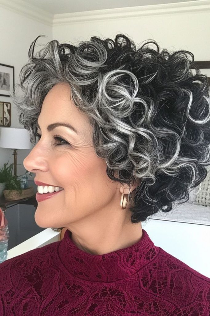 Soft silver ringlets framing face.