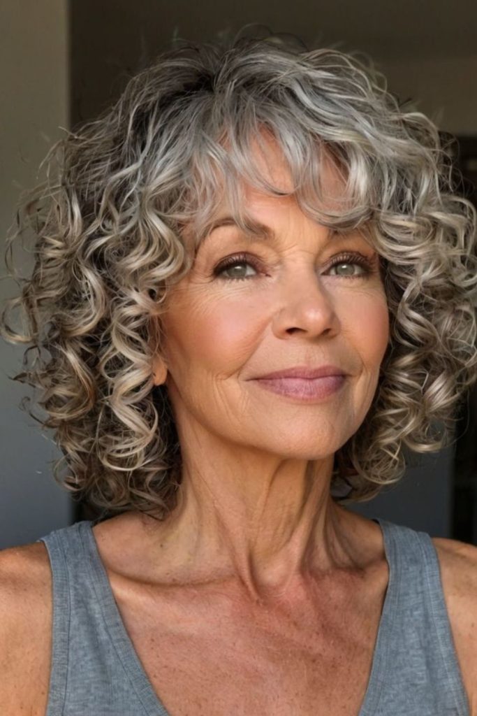 Silver shag with lively curls.