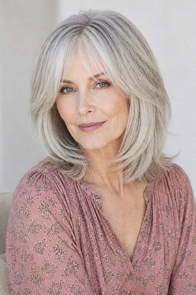 Silver layered lob with soft glow elegance