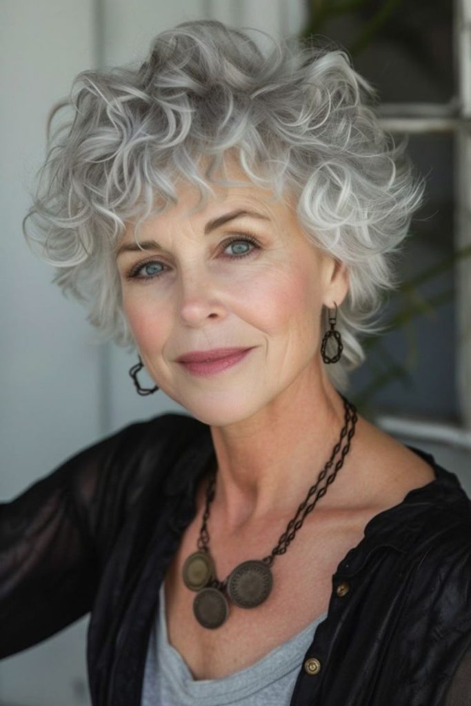 Layered silver shag curly style.
