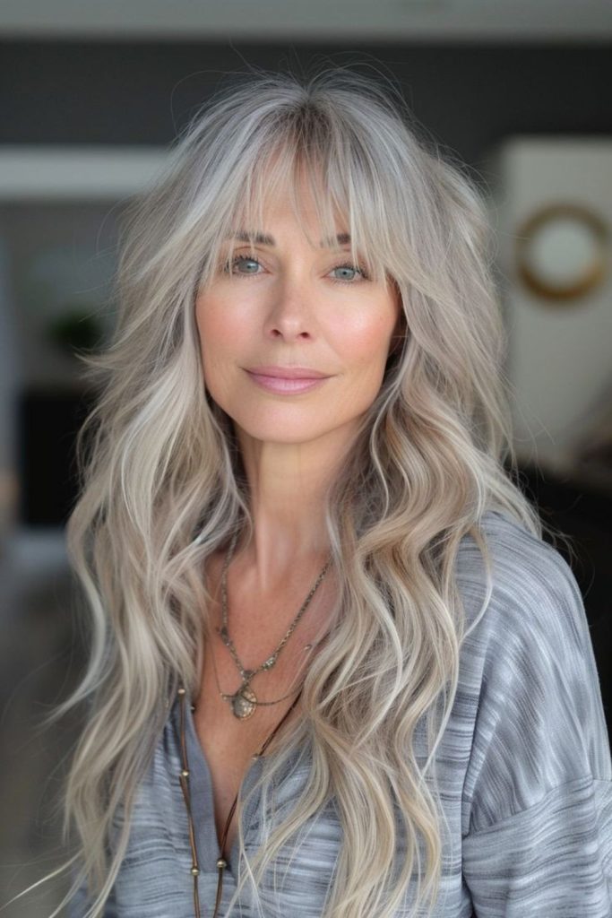 Silver cascading layers soft curtain bangs