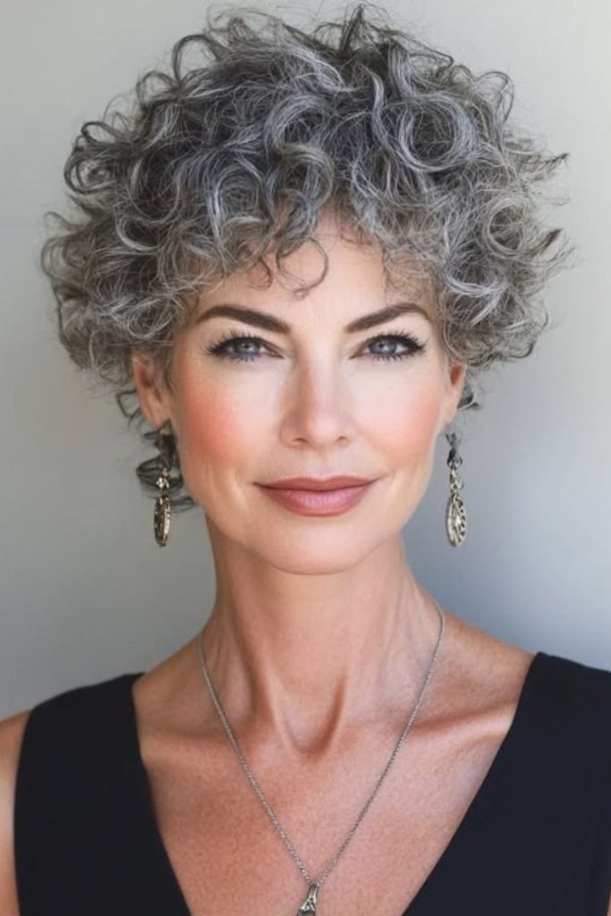 Silver petal pixie curly haircut.