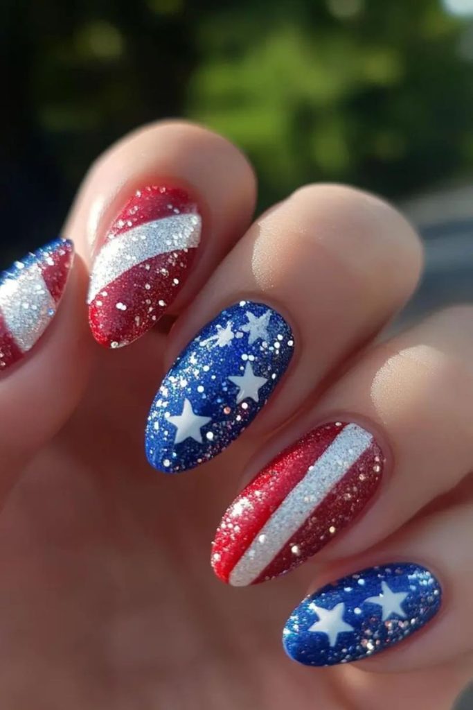 Silver lined patriotic sparkle nails.